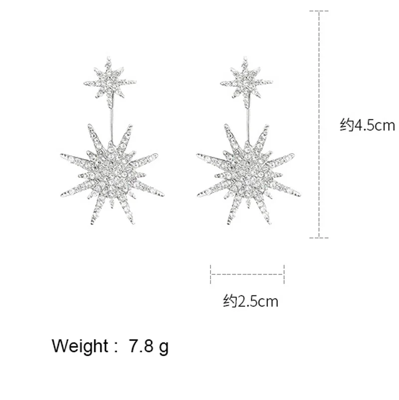 USTAR модные корейские Звездные Стразы Двойные серьги-гвоздики сбоку серебряный цвет полный кристалл серьги для женщин модные ювелирные изделия подарки