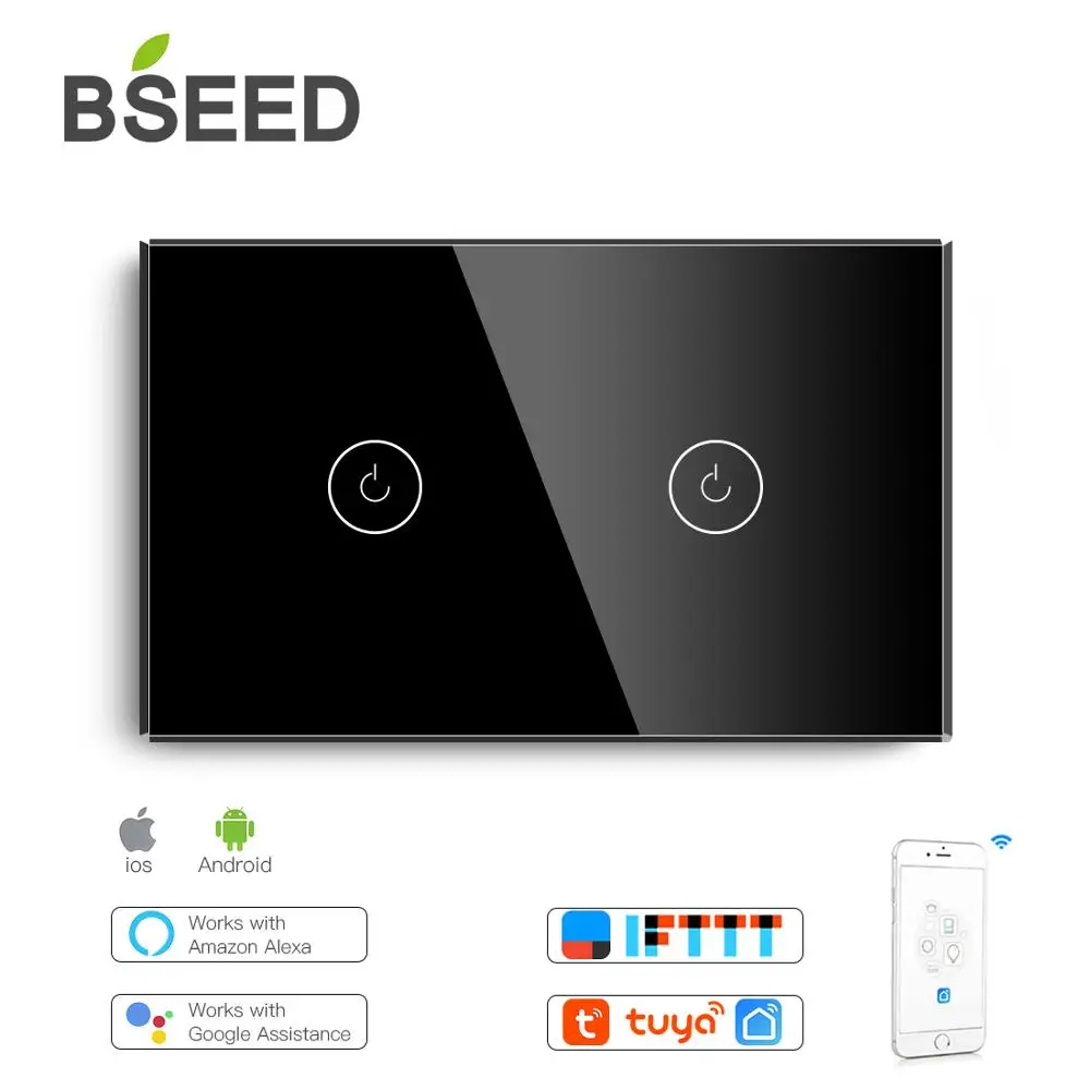 BSEED, стандарт США, сенсорный выключатель, Wifi, управление, 2 банды, умный переключатель, стеклянный светильник, белый, черный, золотой