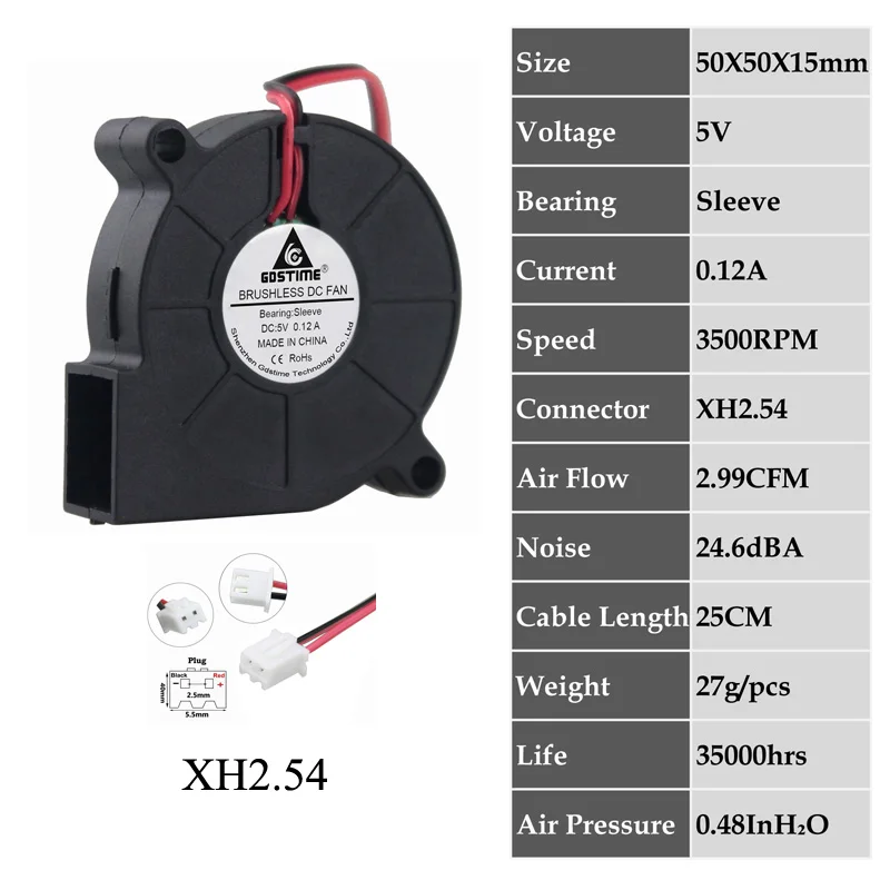2 шт. Gdstime 5 в 12 В 24 В 5015 двойной шарикоподшипник 3d принтер 50x50x15 мм вентилятор охлаждения постоянного тока 50 мм x 15 мм Длинный кабель воздуходувы кулер радиатор - Цвет лезвия: Blow0.12A5015S5V2P