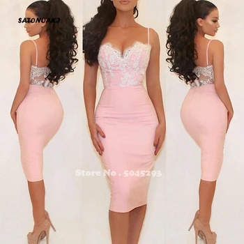 

SATONOAKI Sexy Pale Pink Cocktail Dress Sweetheart Spaghetti Straps Lace Satin Sheath Tea Length Party Dresses Short Prom Dress