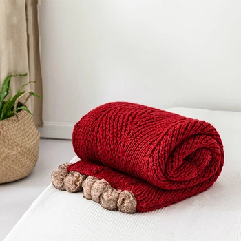 

Soft Thick Cotton Knitted Blanket Home Pompon Edge Decoration Couch Sofa Throw Winter Blanket ,Invory White, Grey