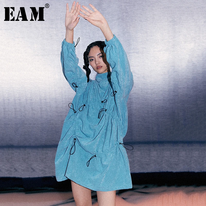 [EAM] женское синее плиссированное платье большого размера с завязками, новинка, воротник-стойка, длинный рукав, свободный крой, модный стиль, весна-осень, 1D490