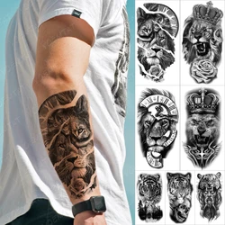 Clock Lion Crown Temporary Tattoo Stickers For Women Men Tiger Rose Waterproof Flash Tattoos Body Transfer Art Arm Fake Tatoo