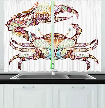 

Modern Kitchen Window Curtains Crab Fish with Ornate Lines Ocean Animal Cancer Illustration Artowrk Print Window for Kitchen