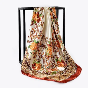 

Silk Scarves for Women Print Foulard Satin Square Head Hijab Scarfs For Ladies Luxury Brand Shawls 90*90 Bandana Large Scarf