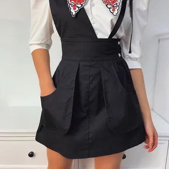 

Fanco Women Skirt Solid Color Big Pocket Corset Strap 2020 European and American Personality Street New Cotton A-line Skirt