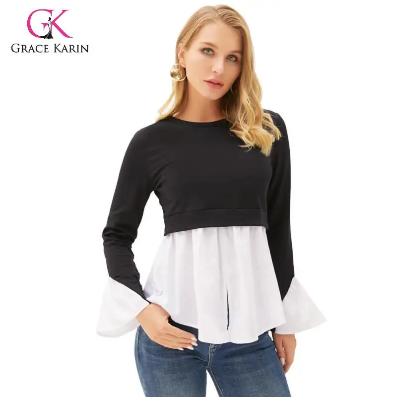 

Grace Karin 2019 Spring Autumn Long Sleeve Tunic Tops and Blouses Women Casual Patchwork Blouse Shirts Laides Top Clothing