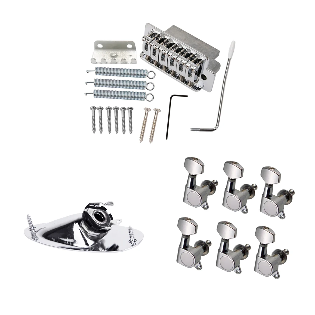 Chrome 6 String Guitar Tremolo Bridge System+Boat Shape Jack+6R Sealed Gear Tuning Pegs Machine Heads