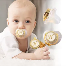 Tétine de bébé en Silicone sans Bpa de haute qualité, Clips, tétine factice de nouveau né scintillante en or, lettre initiale de 26 noms 
