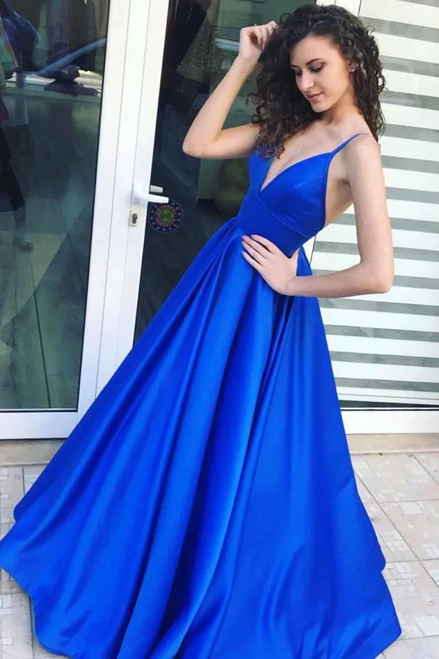 

Deep V-neck Spaghetti Straps Evening Dresses Blue Satin Party Prom Dress Floor Length Women Special Occasion Dress