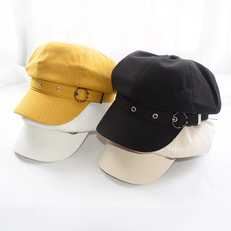 

Casual Stripe Fisherman Hat Sunscreen Unisex Bucket Cap Round Sunscreen Autumn Octagonal Hat Solid Color Women Girls Berets