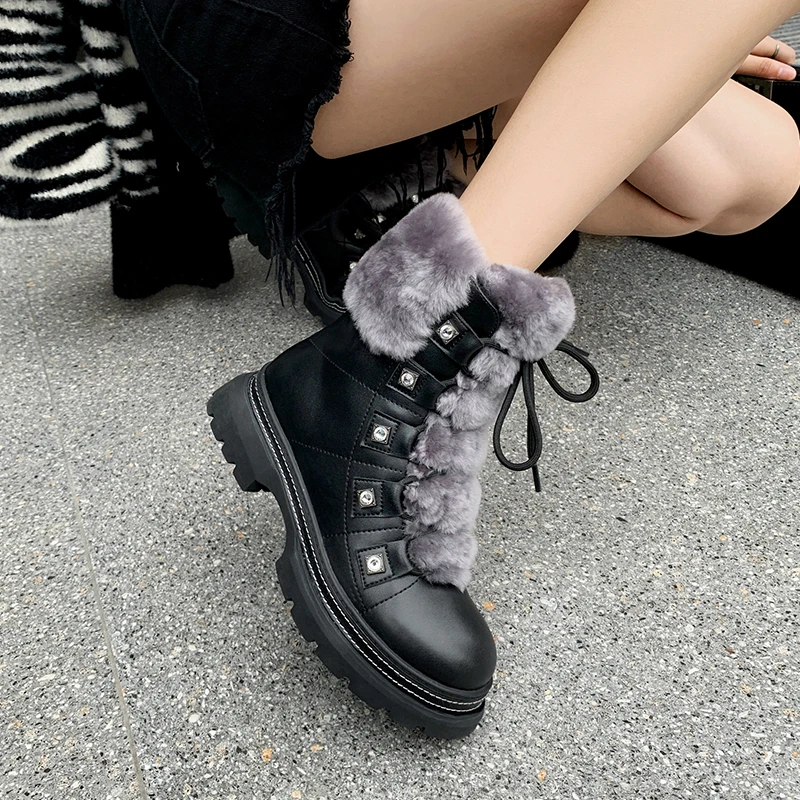 

Russian winter Women ankle boots Split leather +rabbit fur thick plush lining winter booties Diamond Europe and America fashion
