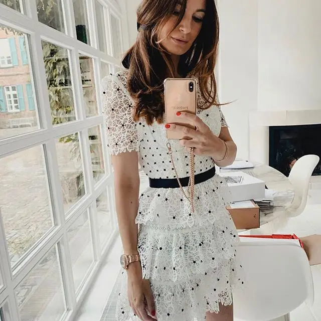 

Boutique Floral Guipure Lace Crochet Embroidery Tiered Dress Ivory Mesh Polka Dot Bead Embellished Ballet Party Occation Dress