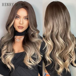 HENRY MARGU Body Wave Synthetic Wig Long Brown Blonde Ombre Natural Wig for Women Middle Part Daily Cosplay Hair Heat Resistant