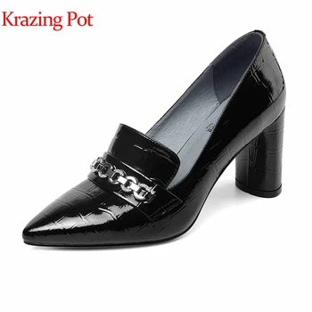 

Krazing Pot full grain leather gradient color high heel pointed toe metal chains slip on sexy girl Autumn nightclub pumps L22