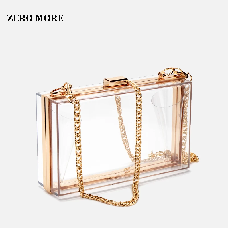 

Women Acrylic Clear Clutch Transparent Crossbody Purse Evening Bag Sport Events Stadium Approved Chain Strap Gold/Silver