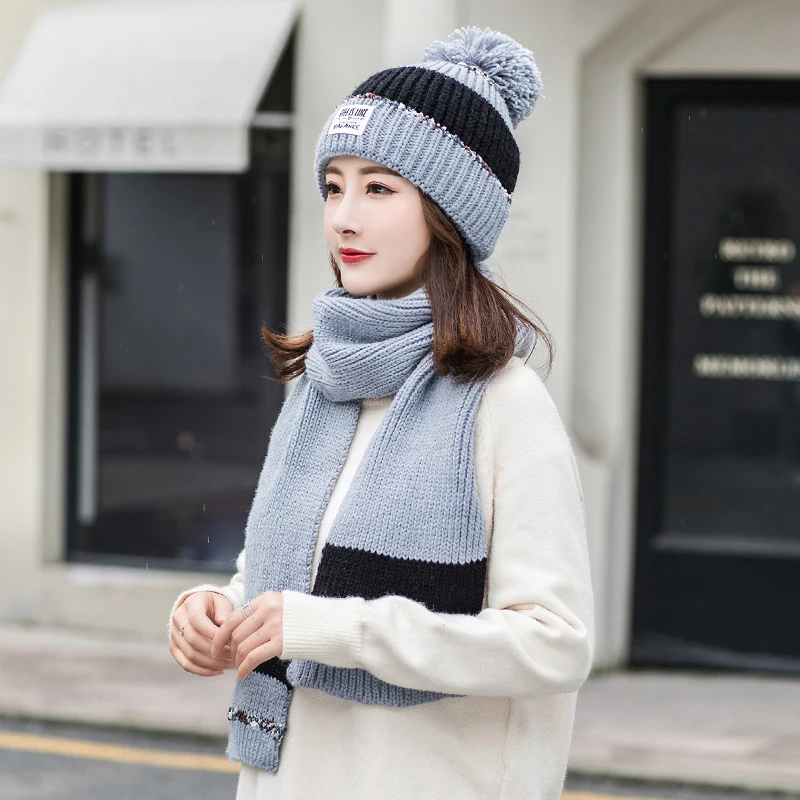 Grey New Women Knitted Hat Scarf Set Brand Winter Cap Thickening Warm Knit Beanies Pompom Hats Female Two color Knit Bonnet Caps - Цвет: Grey