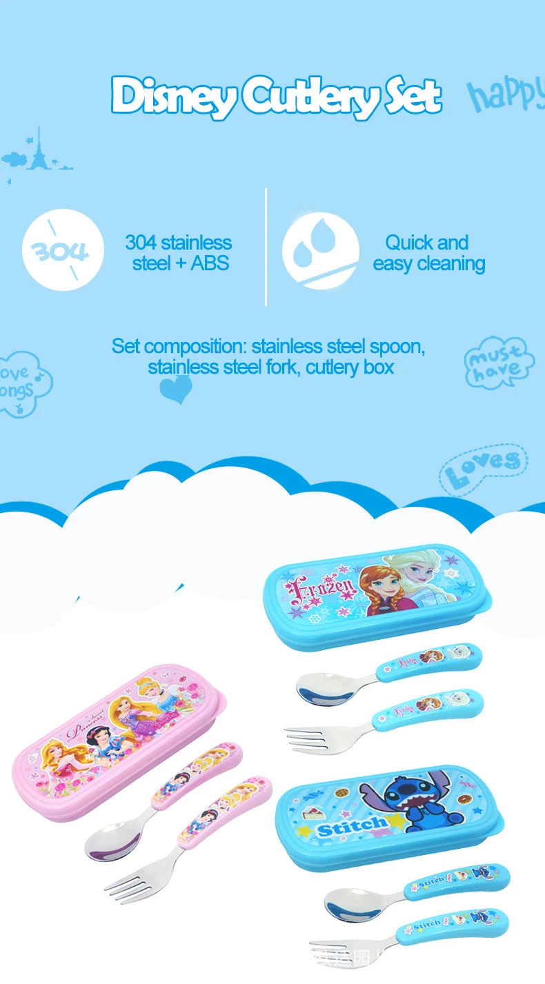Disney Steeple Pattern Children Spoon Fork Set Cartoon Children Fork Spoon Box Cutlery Set Cartoon Snow Princess Cutlery Set