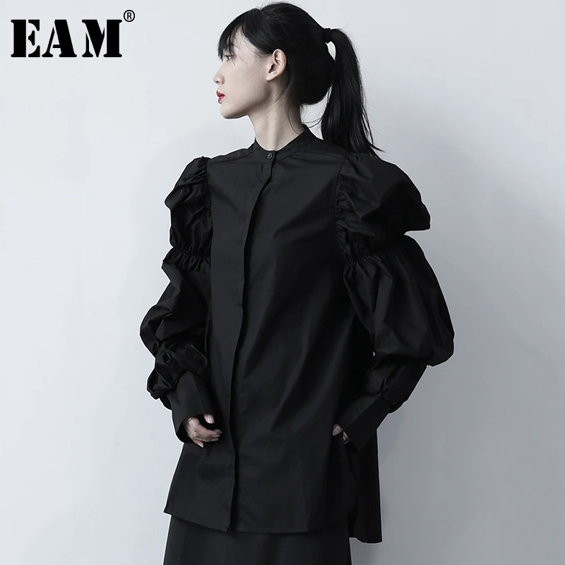 

[EAM] Women White Temperament Blouse New Stand Collar Long Lantern Sleeve Loose Fit Shirt Fashion Tide Spring Autumn 2020 1S425