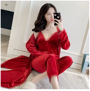 

Autumn Winter Women Velour 3PCS Nightwear Pajamas Suit Red Home Clothing Long Sleeve Sleepwear V-neck Homewear Night Wear