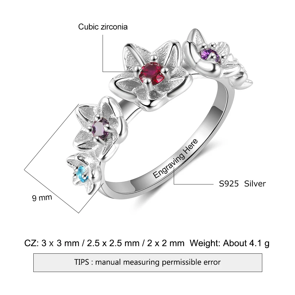 JewelOra 925 стерлингового серебра Персонализация «сделай сам» кольца с камнем рождения для женщин внутри гравировка цветочным узором кольцо серебро ювелирные изделия