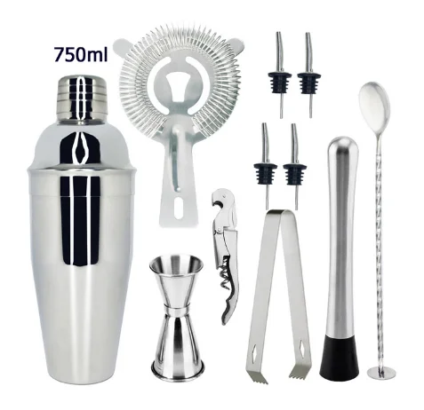 11 pcs 750ml Cocaktailshaker, 12 шт., шейкер из нержавеющей стали, набор, серебряный цвет, с деревянной подставкой, для бара, вечерние, для домашнего использования - Цвет: 11 pcs 750ml