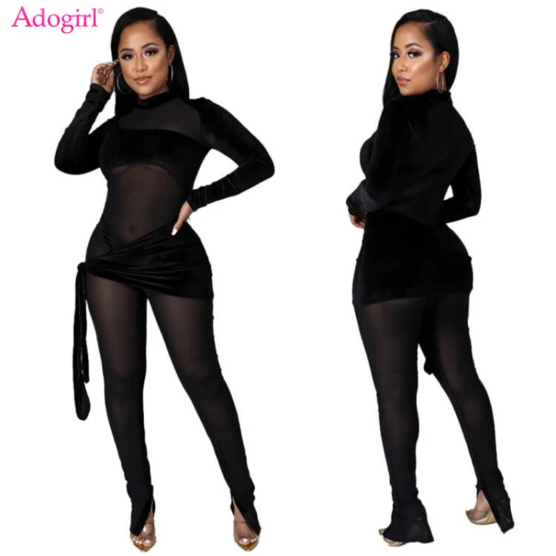  DTMCV Women Long Sleeve Velvet Mesh Patchwork Jumpsuits See  Through Bodycon Jumpsuit Clubwear : Clothing, Shoes & Jewelry
