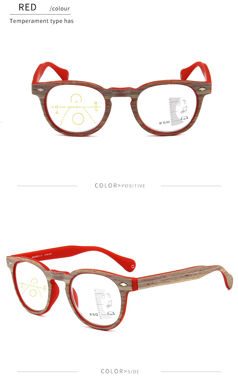 Прогрессивные многофокальные очки с деревянным храмом, анти-синий светильник для компьютера, для мужчин и женщин, очки для дальней дальности, очки для коррекции зрения - Цвет оправы: red