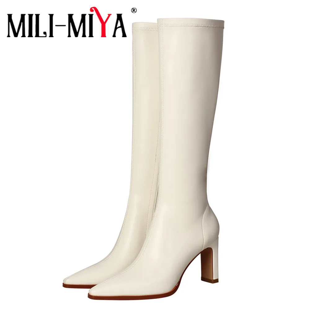 

MILI-MIYA модные черный, белый цвет, на молнии, женские туфли с сексуальным острым носок; Низкий каблук; Сапоги до колена; Женская Удобная Обувь на толстом каблуке; Сезон весна-осень; Вечерние туфли для выпускного вечера