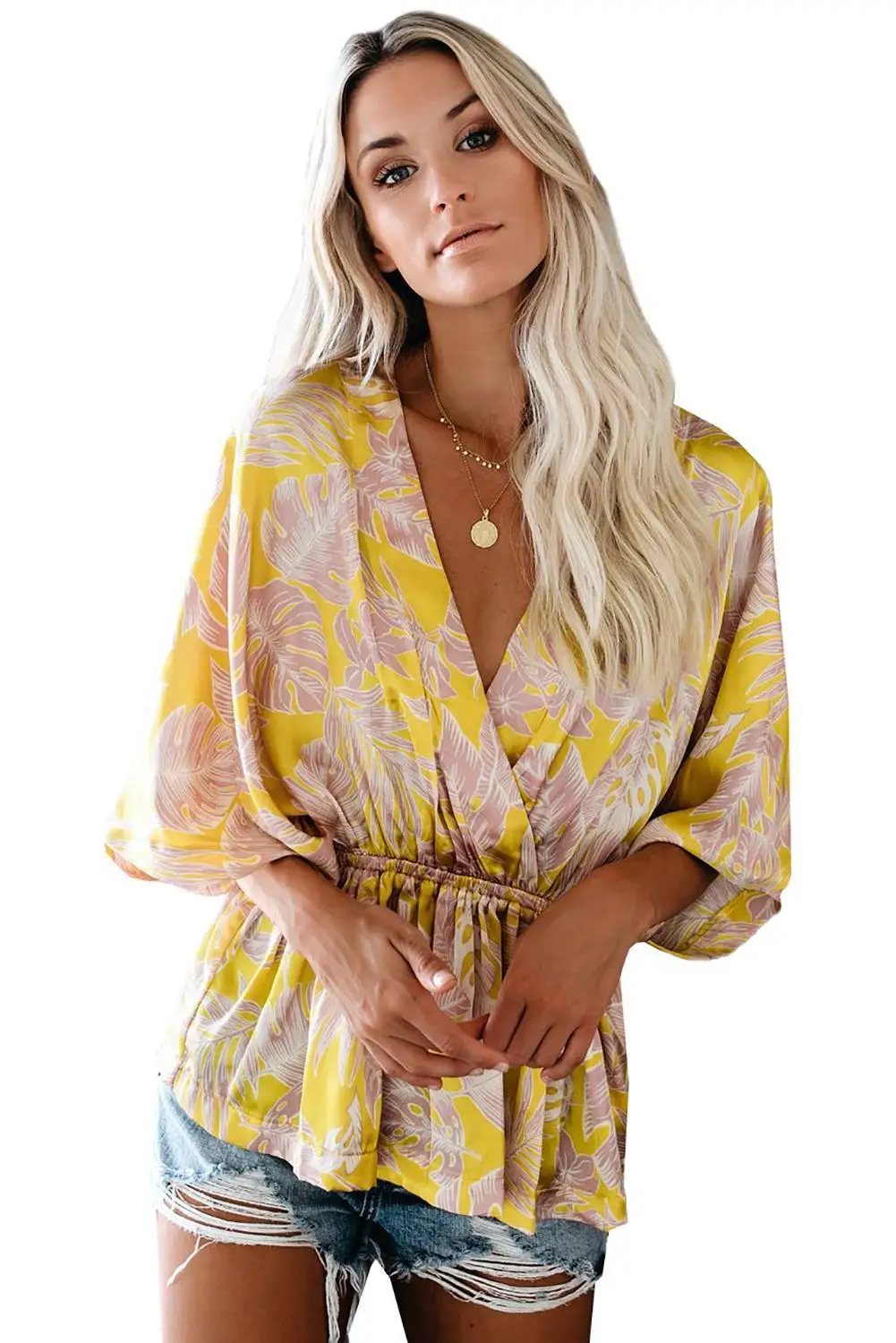 Taupe Hut атласная кимоно блузка с принтом Топ небесно-голубой/желтый летний v-образный вырез Половина рукава эластичный пояс модная блузка для отдыха 2XL - Цвет: Цвет: желтый