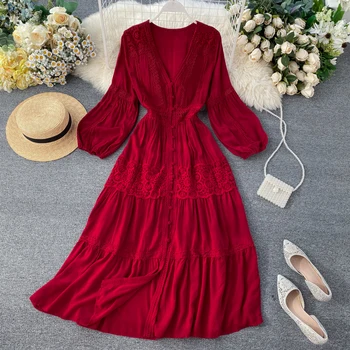 

Ins Travel Holiday National Autumn Winter Women's V-neck Lace Stitched Button-down High Waist Dress Elegant Vestidos K403