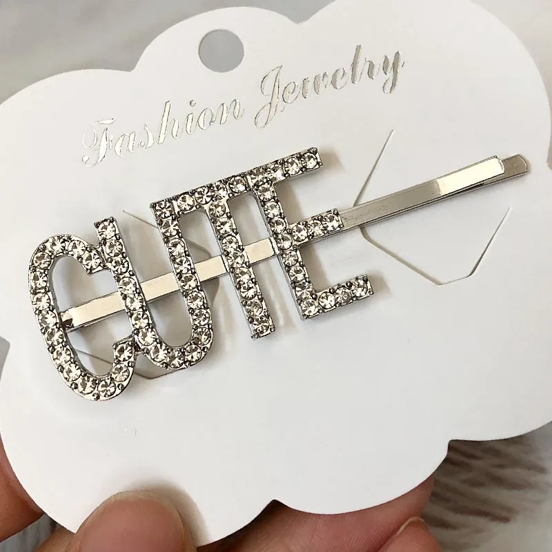 CUTE Silver 1 шт., заколки для волос с кристаллами и буквами, стразы, заколки для волос, заколки для волос, инструменты для укладки волос, аксессуары, ювелирный подарок - Цвет: CUTE Silver