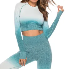 Комплект из 2 предметов для йоги, Бесшовные штаны для йоги, топ, спортивный костюм для женщин, комплект спортивной одежды, градиентный принт, длинный рукав, брючный костюм, активная одежда