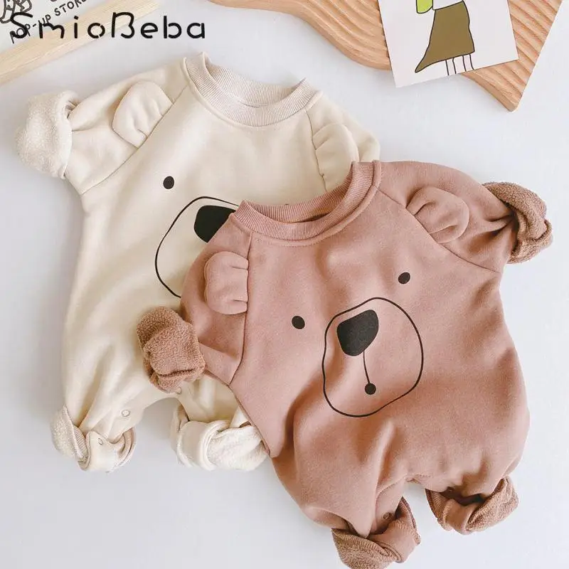 Детский комбинезон с медведем зимний длинным рукавом и плюшевой подкладкой для