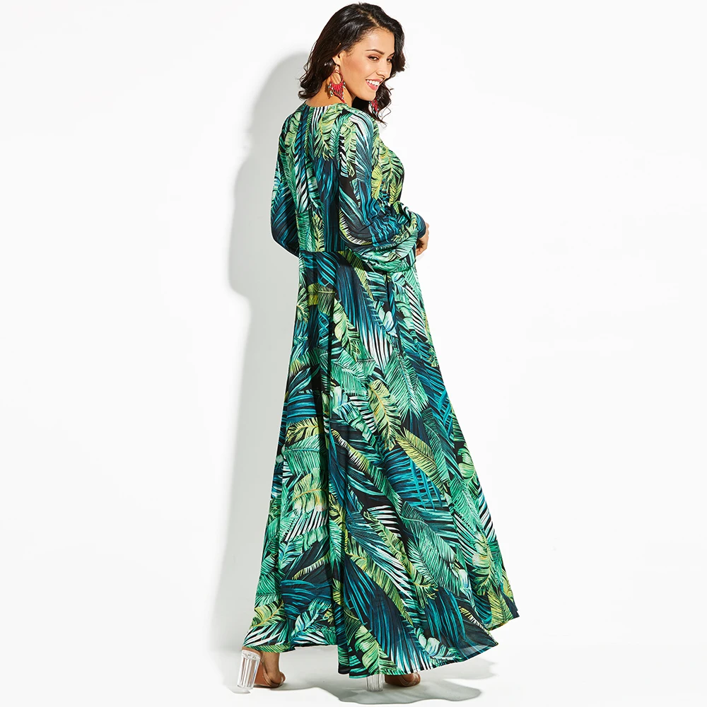 Plus Size Women's Boho Tropical V-Neck Lace-Up Green Print Maxi Dress for Summer Beach Casual Holiday image 4