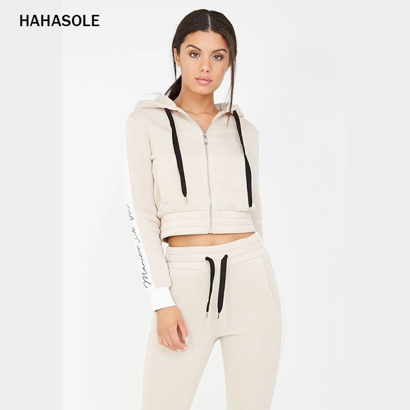 HAHASOLE, женский спортивный костюм, Осень-зима, бархатный, с капюшоном, из двух частей, для йоги, набор, спортивная одежда для женщин, спортивный костюм, HWA5206