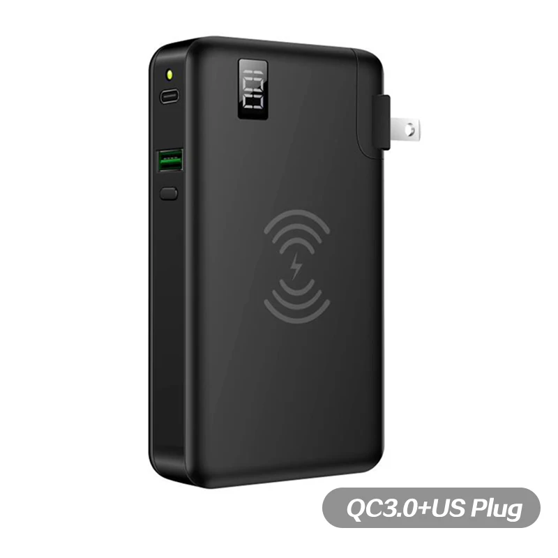 10000 мАч, Дополнительный внешний аккумулятор, беспроводное зарядное устройство QC3.0, быстрое зарядное устройство для Iphone, планшетов, huawei, 3 в 1, 18650, внешний аккумулятор, Тип C, USB, PD, Chagrer - Цвет: QC3.0 US Plug Black