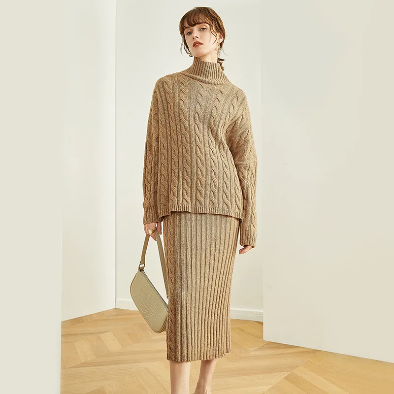 

Women Sweater Dress Pullover Turtleneck Two Piece Skirt Set Outfits Suit Winter Ladies Clothes