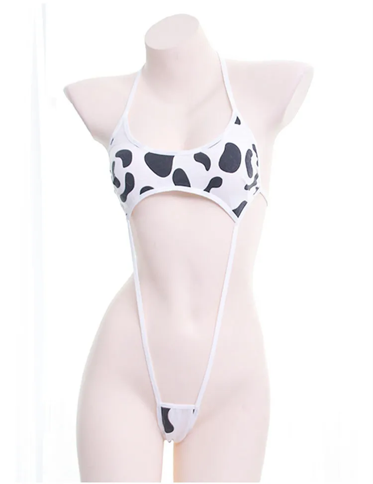 Women Lingerie Kawaii Cosplay Cow Print Mini Backless One Piece Micro Bikini Jumpsuit