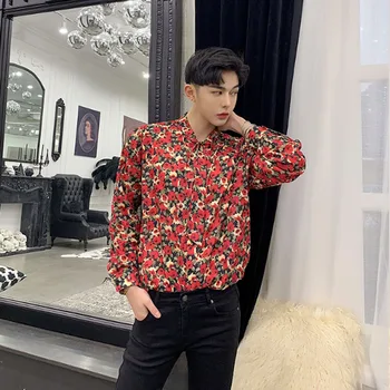 

New Men Flower Printing Tie Bow Casual Shirt Male Streetwear Long Sleeve Party Dress Shirts Couple Clothing
