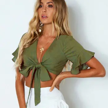 

Women Casual Solid Ruffles Sleeve Tank Crop Tops Sexy Deep V Neck T-Shirt