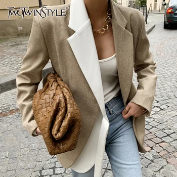 

TWOTWINSTYLE Casual Patchwork Hit Color Blazer For Women Notched Long Sleeve Lace Korean jacket Female Fashion New Clothes Tide