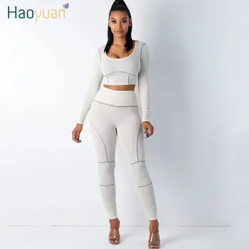 

HAOYUAN Rib Knitted Tracksuit Women Two Piece Outfits Crop Top Jogger Sweat Suits Fall Winter Clothes Sexy Sports Matching Sets