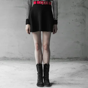 

PUNKRAVE Women's Gothic Woolen Half Skirt with Red Belt Punk Style Metal Love Iron Ring Small A Pendulum High Waist Mini Skirt