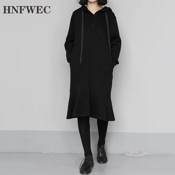 

Women Black Brief Ruffles Split Temperament Dress New Hooded Long Sleeve Loose Fit Fashion Tide Spring Autumn 2020 V800