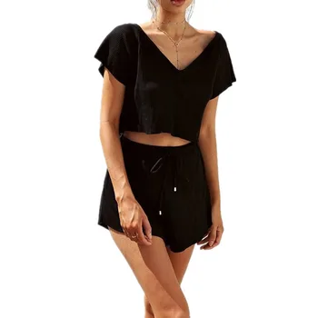 

2018 Black New Summer Women Sets V-Neck Short Sleeve Cropped Tops Shorts Set 2 Pieces Womens Tracksuit t shirts shorts