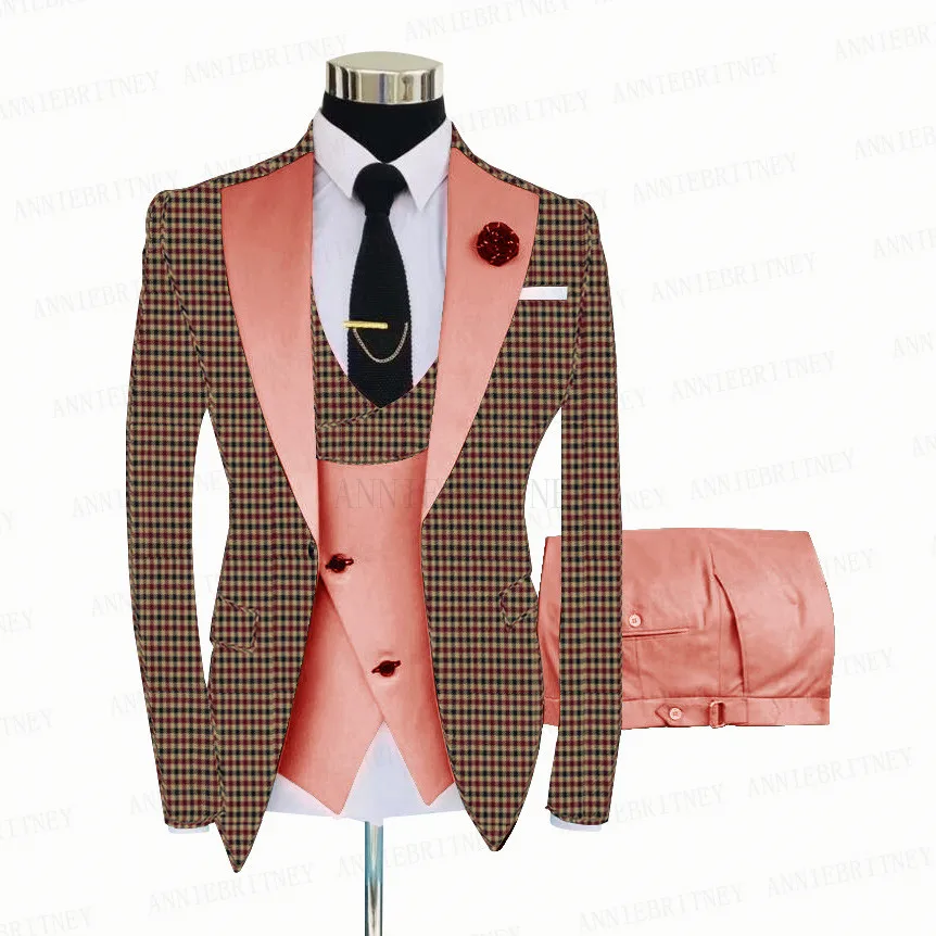 Fashion Burgundy Plaid Men Suits 3 Pieces Formal Slim Fit Business Blazer Sets Groom Prom Wedding Suit Tuxedo Costume Homme