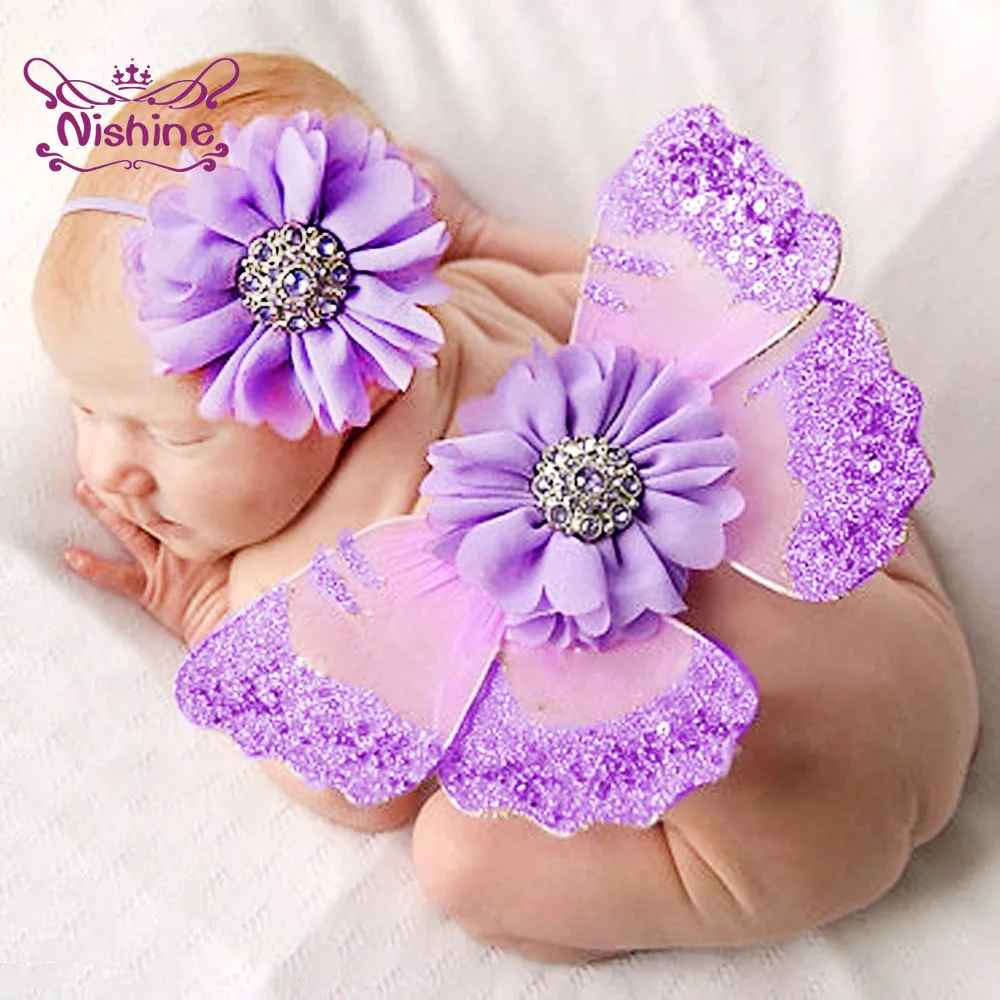 

Nishine Colorful Rhinestone Flower Hairband and Sequin Butterfly Wings Set One Hundred Days Baby Photography Props Birthday Gift