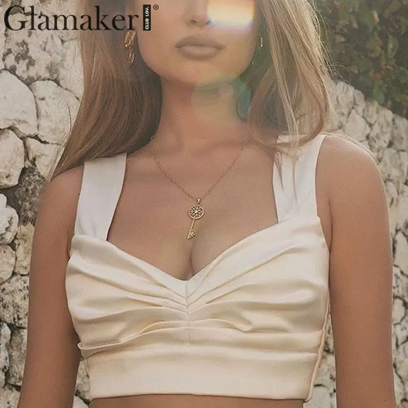 Glamaker/белый атласный укороченный топ с v-образным вырезом, плиссированный элегантный уличная майка, осенне-зимний женский сексуальный топ