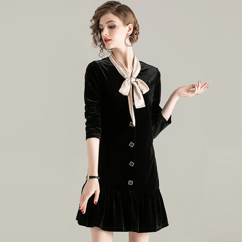 

Velvet Dress Women 2020 Spring Autumn New Fashion Patchwork Bow Collar Elegant Long sleeve Dress Above The Knees